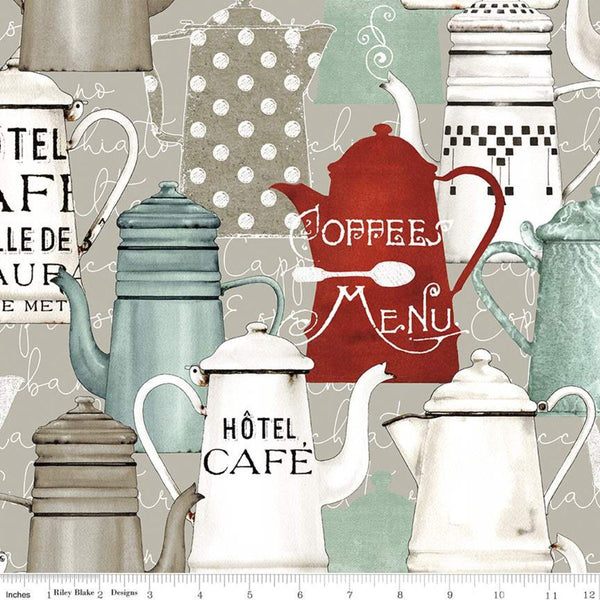 SALE Coffee Chalk Pots CD11033 Taupe - Riley Blake - DIGITALLY PRINTED Coffee Pots on Script Background Gray Beige - Quilting Cotton