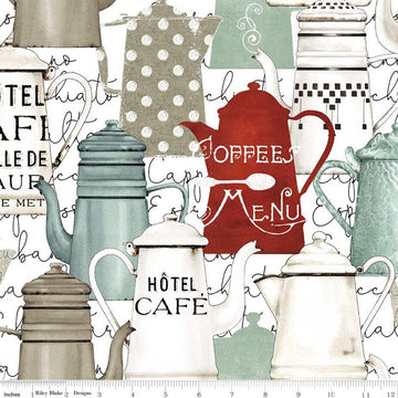 SALE Fat Quarter End of Bolt - Coffee Chalk Pots CD11033 White - Riley Blake - DIGITALLY PRINTED Coffee Script Background - Quilting Fabric
