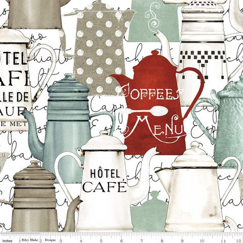 SALE Coffee Chalk Pots CD11033 White - Riley Blake - DIGITALLY PRINTED Coffee Pots on Script Background - Quilting Cotton