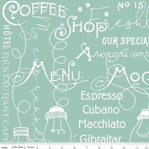SALE Coffee Chalk Cafe Blackboard C11035 Aqua - Riley Blake Designs - Chalkboard Text Icons Blue - Quilting Cotton Fabric