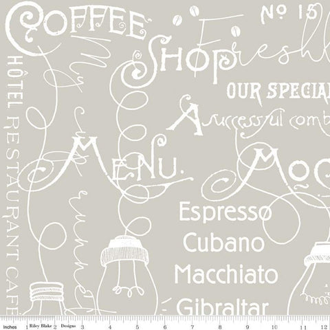 CLEARANCE Coffee Chalk Cafe Blackboard C11035 Taupe - Riley Blake Designs - Chalkboard Text Icons Gray Beige - Quilting Cotton Fabric