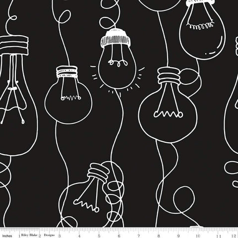 29" End of Bolt Piece - CLEARANCE Coffee Chalk Cafe Bulbs C11036 Black - Riley Blake Designs - Outlined Light Bulbs - Quilting Cotton Fabric