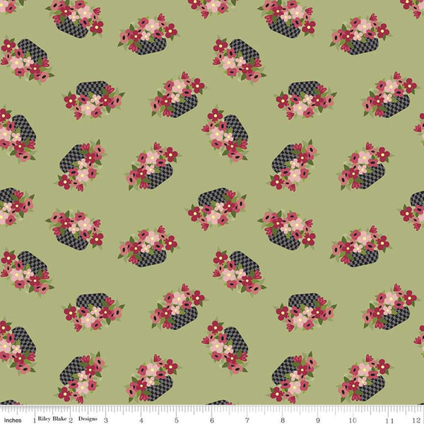 CLEARANCE Petals and Pedals Baskets C11141 Green - Riley Blake Designs - Floral Flowers - Quilting Cotton Fabric