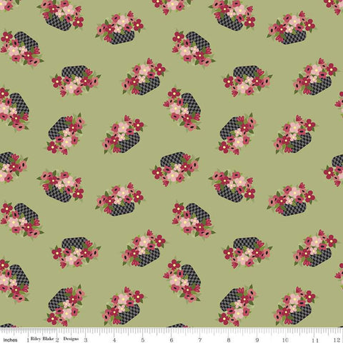 CLEARANCE Petals and Pedals Baskets C11141 Green - Riley Blake Designs - Floral Flowers - Quilting Cotton Fabric