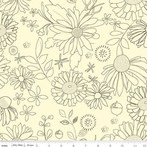 3 Yard Cut - Adel in Autumn WIDE BACK WB10831 Cream - Riley Blake - 107/108" Wide Brown Outlined Floral Flowers - Quilting Cotton Fabric