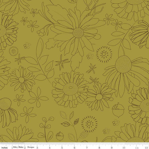 3 Yard Cut - SALE Adel in Autumn WIDE BACK WB10831 Olive - Riley Blake - 107/108" Wide Brown Outlined Floral - Quilting Cotton Fabric