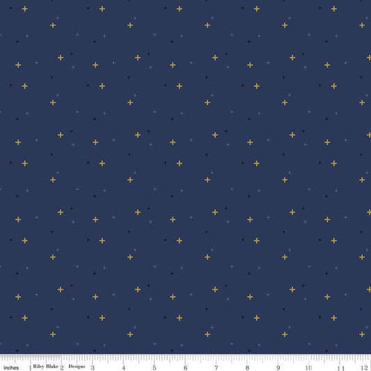 DEAL Sparkler SC650 Navy SPARKLE - Riley Blake Designs - Plus Signs Gold SPARKLE Metallic Blue - Quilting Cotton Fabric