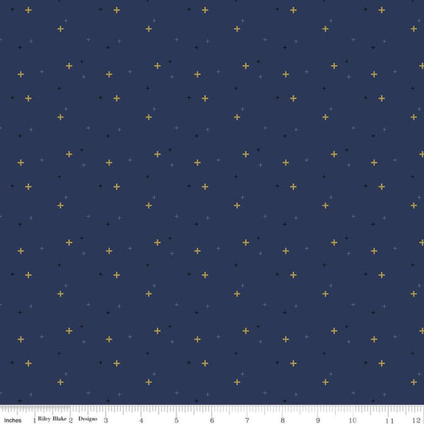 SALE Sparkler SC650 Navy SPARKLE - Riley Blake Designs - Plus Signs Gold SPARKLE Metallic Blue - Quilting Cotton Fabric