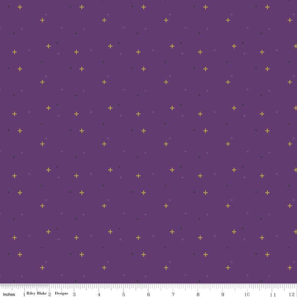 SALE Sparkler SC650 Eggplant SPARKLE - Riley Blake Designs - Plus Signs Gold SPARKLE Metallic Purple - Quilting Cotton Fabric