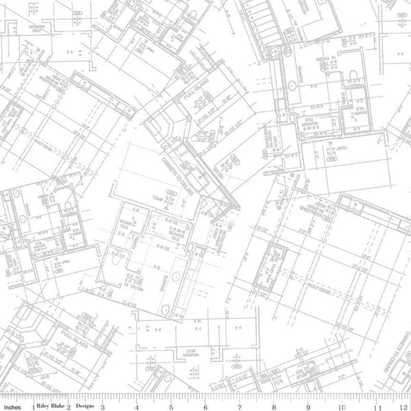 26" End of Bolt - Hush Hush Schematic C11170 - Riley Blake Designs - Low Volume Architectural Drawings White - Quilting Cotton Fabric