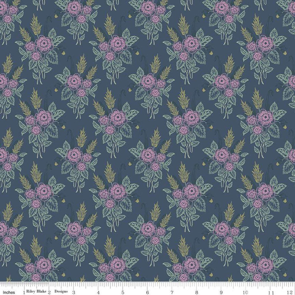 Fat Quarter end of bolt - CLEARANCE Whimsical Romance Stipple C11082 Denim - Riley Blake Designs - Floral Blue - Quilting Cotton Fabric