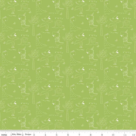 SALE Eat Your Veggies! Dinosaurs C11111 Green - Riley Blake Designs - Outlined Dinosaurs Trees Children's Juvenile - Quilting Cotton Fabric