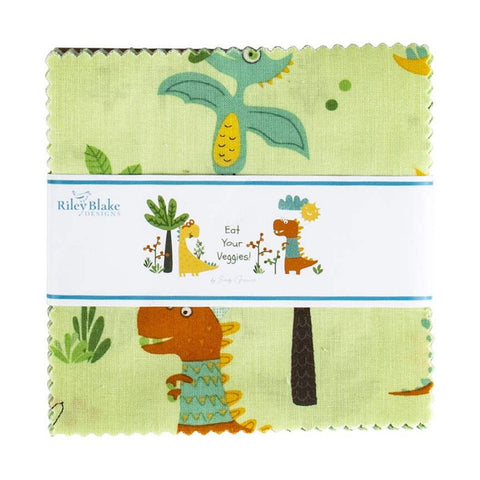 SALE Eat Your Veggies! Charm Pack 5" Stacker Bundle - Riley Blake Designs - 42 piece Precut Pre cut - Dinosaurs - Quilting Cotton Fabric