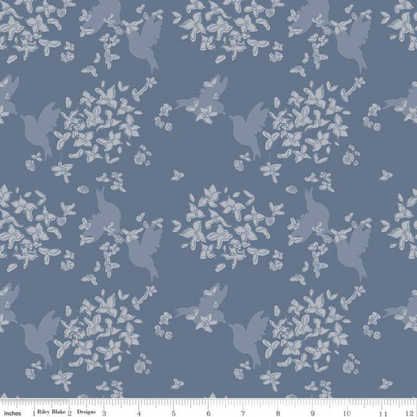 32" End of Bolt Piece - SALE Water Mark Flower C11322 Coastal Blue - Riley Blake - Hummingbirds Bird Floral Flowers - Quilting Cotton Fabric