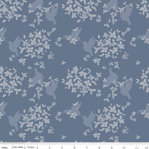 32" End of Bolt Piece - Water Mark Flower C11322 Coastal Blue - Riley Blake - Hummingbirds Bird Floral Flowers - Quilting Cotton Fabric