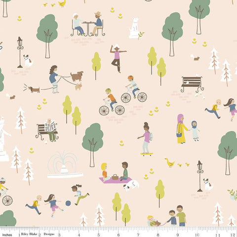 30" End of Bolt Piece - CLEARANCE Community Main C11100 Blush - Riley Blake - Park Scenes Bicycles Picnic Dogs Duck - Quilting Cotton Fabric