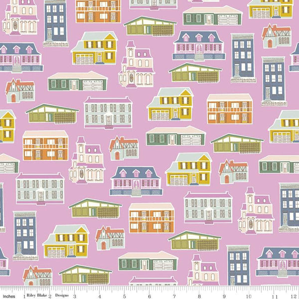 13" End of Bolt - CLEARANCE Community Houses C11101 Orchid - Riley Blake Designs - House Homes Buildings - Quilting Cotton Fabric