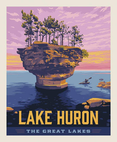 SALE Destinations Lake Huron Poster Panel PD11200 by Riley Blake - Great Lakes Island Canoe DIGITALLY PRINTED- Quilting Cotton Fabric