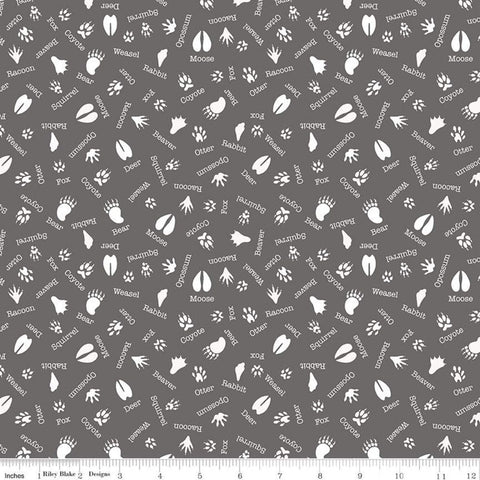 SALE Into the Woods Tracks C11394 Gray - Riley Blake Designs - Animal Names Paw Prints - Quilting Cotton Fabric