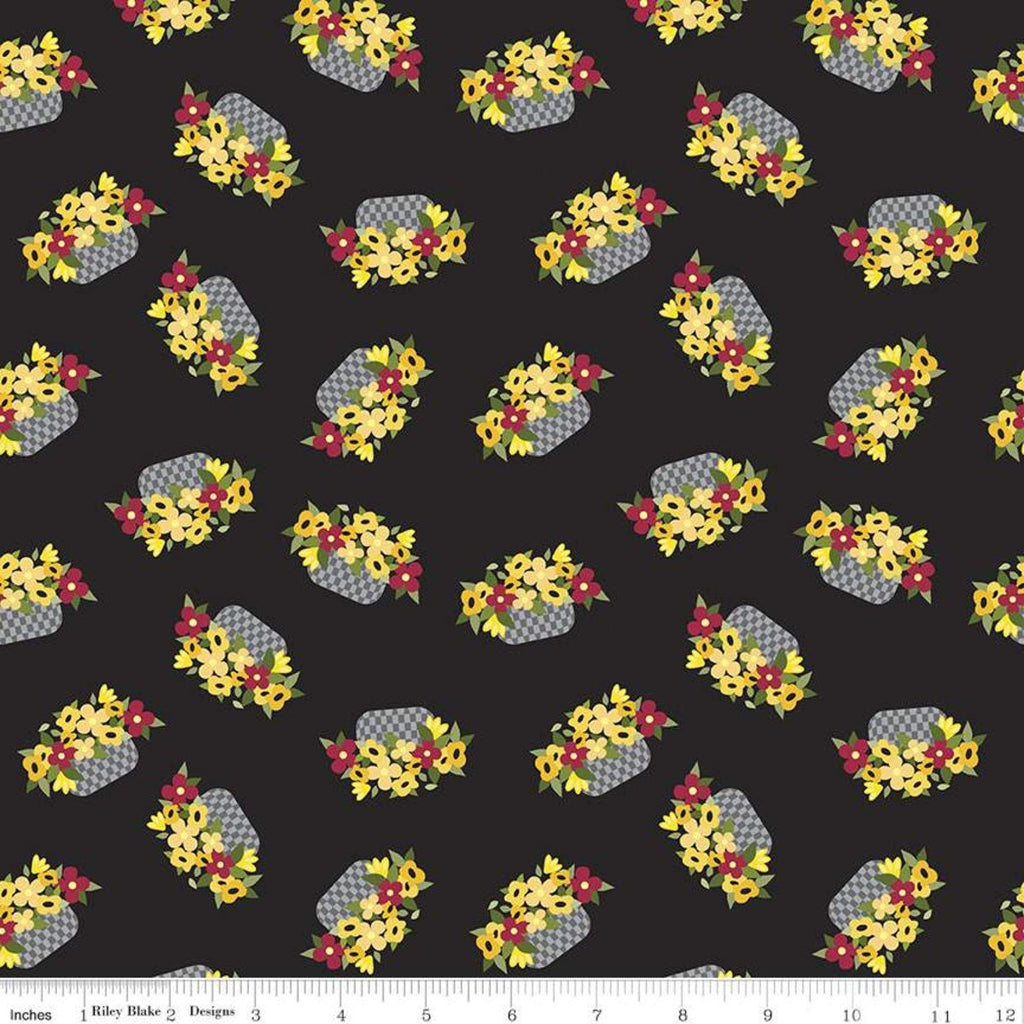 CLEARANCE Petals and Pedals Baskets C11141 Black - Riley Blake Designs - Floral Flowers - Quilting Cotton Fabric