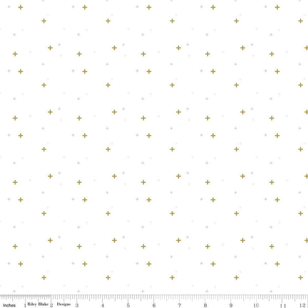 SALE Sparkler SC650 White SPARKLE - Riley Blake Designs - Plus Signs Gold SPARKLE Metallic - Quilting Cotton Fabric