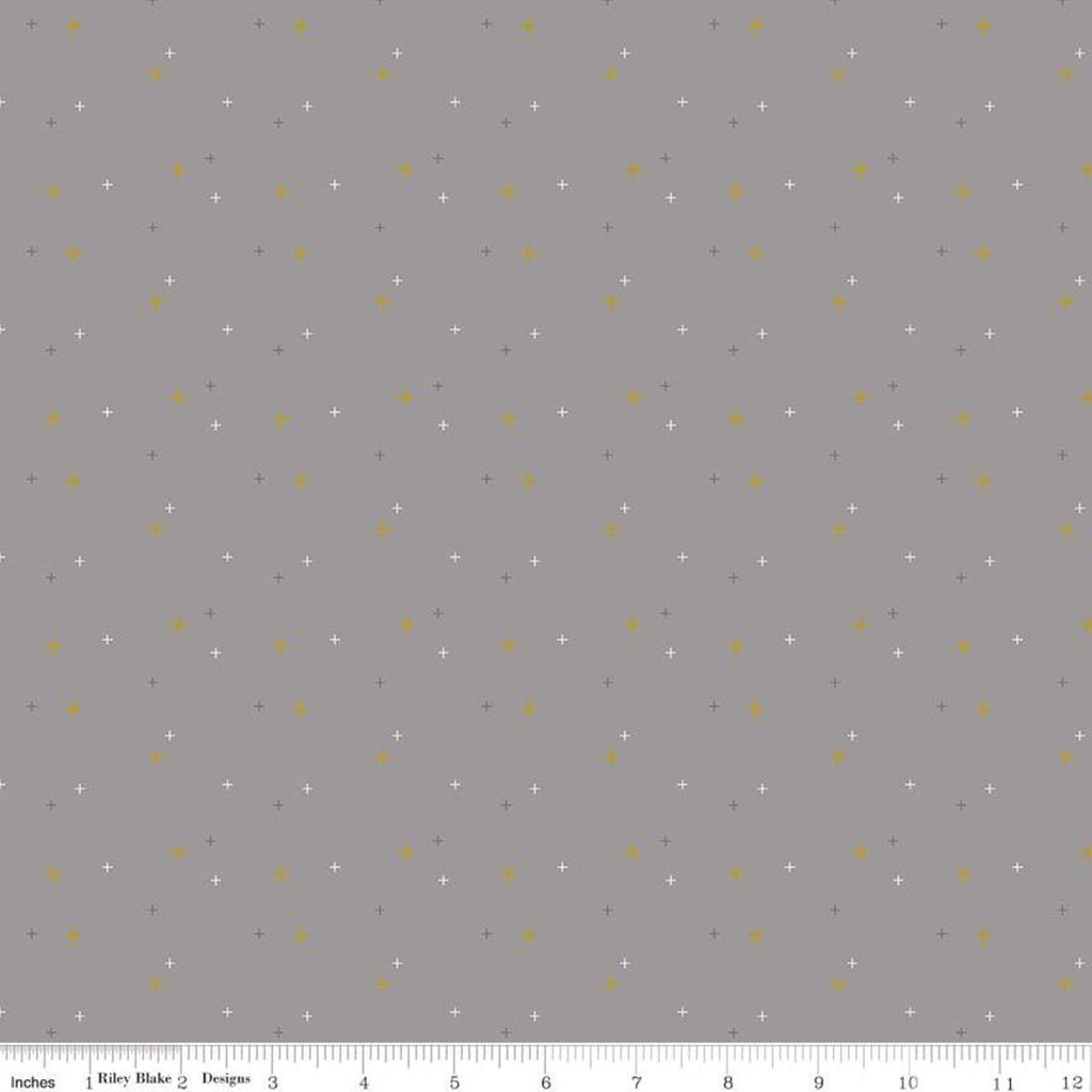 CLEARANCE Sparkler SC650 Gray SPARKLE - Riley Blake  - Plus Signs Gold SPARKLE Metallic - Quilting Cotton
