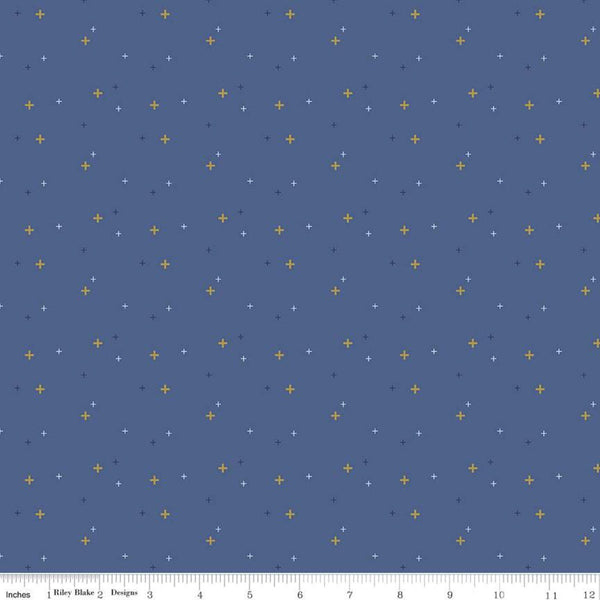 SALE Sparkler SC650 Dark Denim SPARKLE - Riley Blake Designs - Plus Signs Gold SPARKLE Metallic Blue - Quilting Cotton Fabric