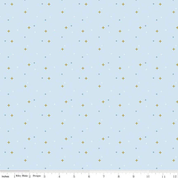 SALE Sparkler SC650 Boy Blue SPARKLE - Riley Blake Designs - Plus Signs Gold SPARKLE Metallic - Quilting Cotton Fabric