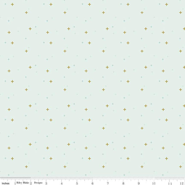 SALE Sparkler SC650 Bleached Denim SPARKLE - Riley Blake Designs - Plus Signs Gold SPARKLE Metallic Blue - Quilting Cotton Fabric