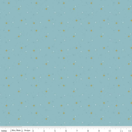 DEAL Sparkler SC650 Bear Lake SPARKLE - Riley Blake Designs - Plus Signs Gold SPARKLE Metallic Blue - Quilting Cotton Fabric