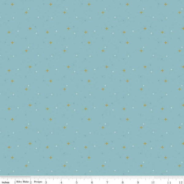 SALE Sparkler SC650 Bear Lake SPARKLE - Riley Blake Designs - Plus Signs Gold SPARKLE Metallic Blue - Quilting Cotton Fabric