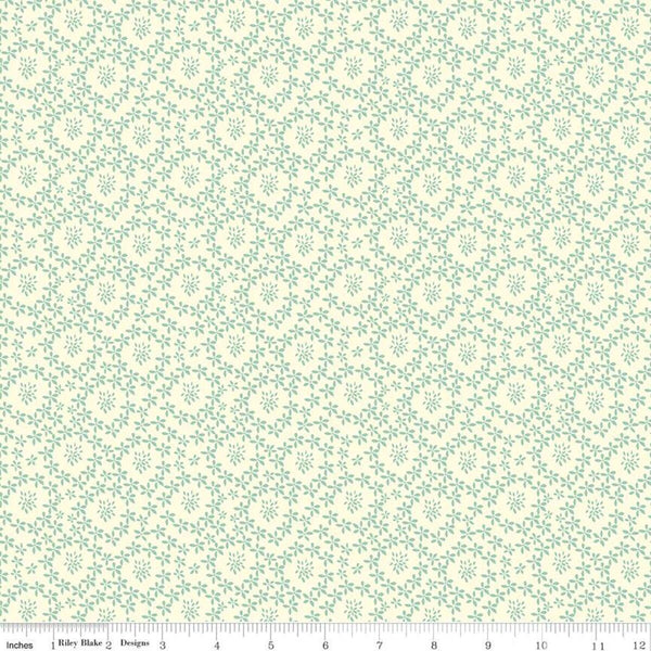 32" End of Bolt - CLEARANCE Adel in Spring Daisy C11425 Cream - Riley Blake - Flowers Circular Lattice Blue Green - Quilting Cotton Fabric