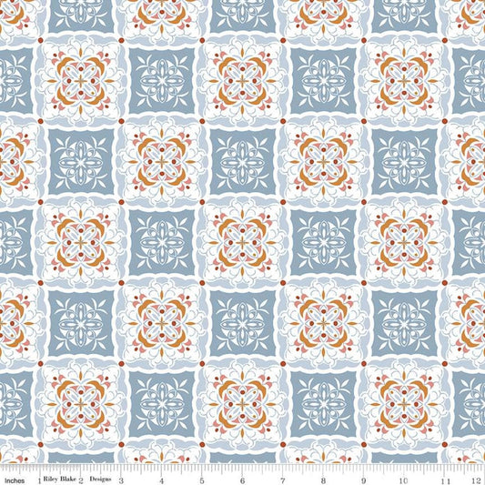 CLEARANCE Heartsong Tiles C11303 Blue - Riley Blake Designs - Geometric Medallions with White - Quilting Cotton Fabric