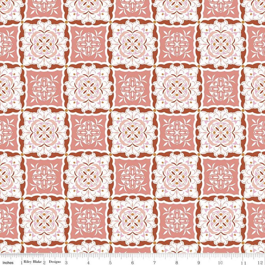 CLEARANCE Heartsong Tiles C11303 Coral - Riley Blake Designs - Geometric Medallions with White - Quilting Cotton Fabric