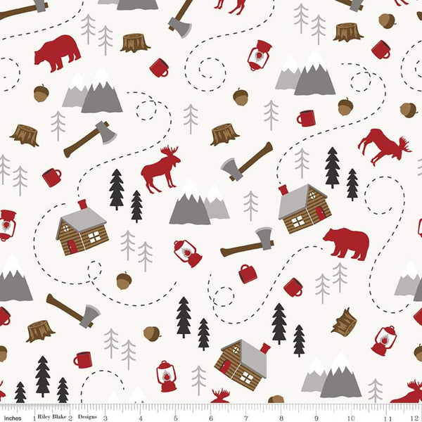 SALE Into the Woods Main C11390 Off White - Riley Blake Designs - Outdoors Bears Trees Cabins Lanterns Moose - Quilting Cotton Fabric