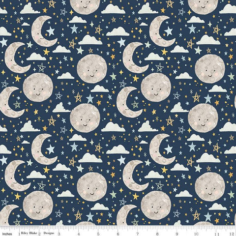 FLANNEL Baby Boy Moon and Stars F11442 Navy - Riley Blake Designs - Juvenile Moons Stars Clouds Blue - FLANNEL Cotton Fabric