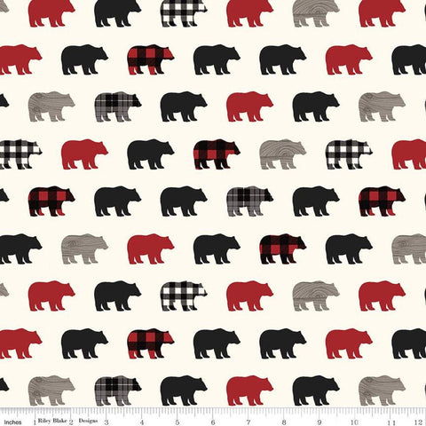 29" End of Bolt-SALE FLANNEL Wild at Heart Bears F11446 Cream - Riley Blake - Outdoors Wildlife Black Red Gray Cream - FLANNEL Cotton Fabric