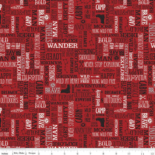 35" End of Bolt - CLEARANCE FLANNEL Wild at Heart Words F11448 Red - Riley Blake - Outdoors Icons Text Cream Red Black - FLANNEL Cotton