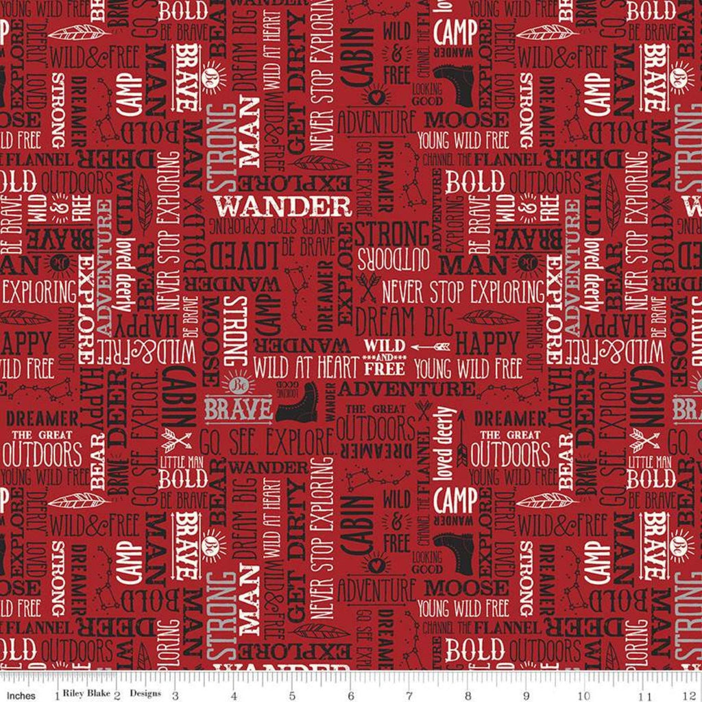 SALE FLANNEL Wild at Heart Words F11448 Red - Riley Blake Designs - Outdoors Icons Text Cream Red Black - FLANNEL Cotton Fabric