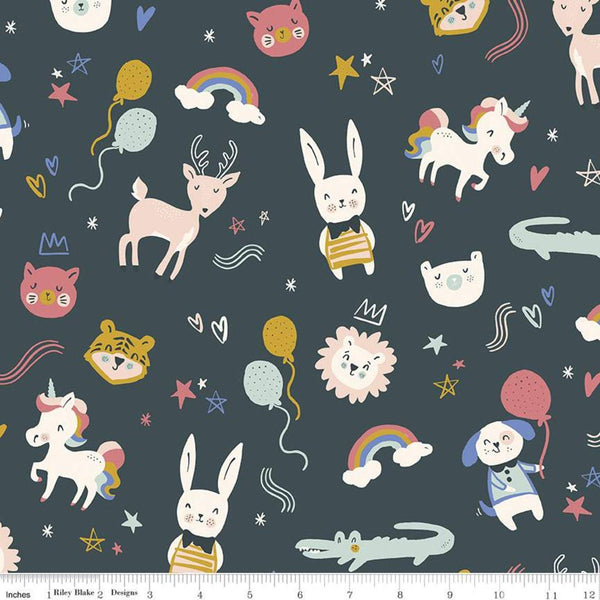 CLEARANCE FLANNEL Salt and Honey Party Animals  F11449 Dark Teal - Riley Blake - Juvenile Lions Unicorns Green - FLANNEL Cotton Fabric