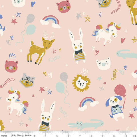 9" End of Bolt - CLEARANCE FLANNEL Salt and Honey Party Animals  F11449 Pink - Riley Blake - Lions Tigers Unicorns Puppies - Cotton Fabric