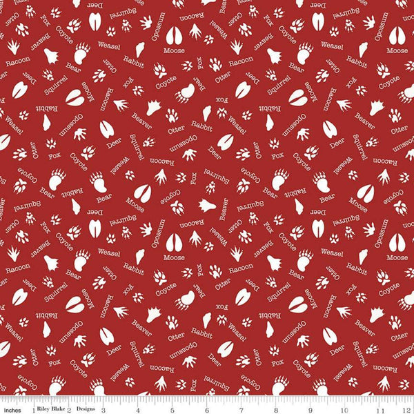 SALE Into the Woods Tracks C11394 Red - Riley Blake Designs - Animal Names Paw Prints - Quilting Cotton Fabric