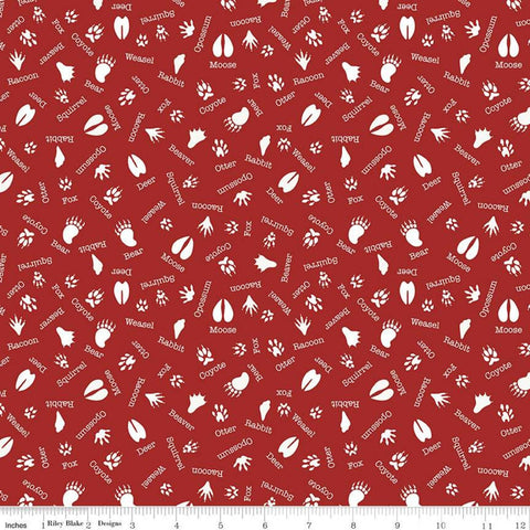 SALE Into the Woods Tracks C11394 Red - Riley Blake Designs - Animal Names Paw Prints - Quilting Cotton Fabric