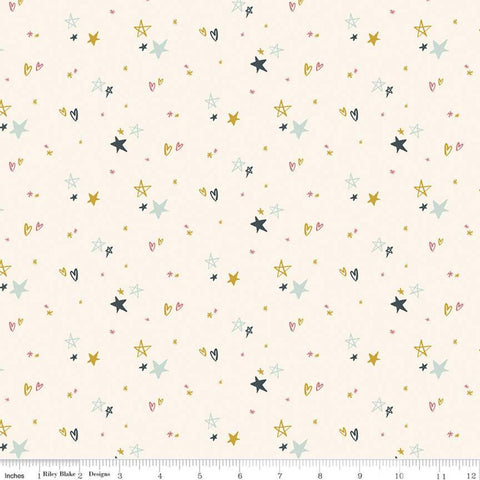 18" End of Bolt - FLANNEL Salt and Honey Hearts and Stars F11450 Cream - Riley Blake Designs - Juvenile Star Heart - FLANNEL Cotton Fabric