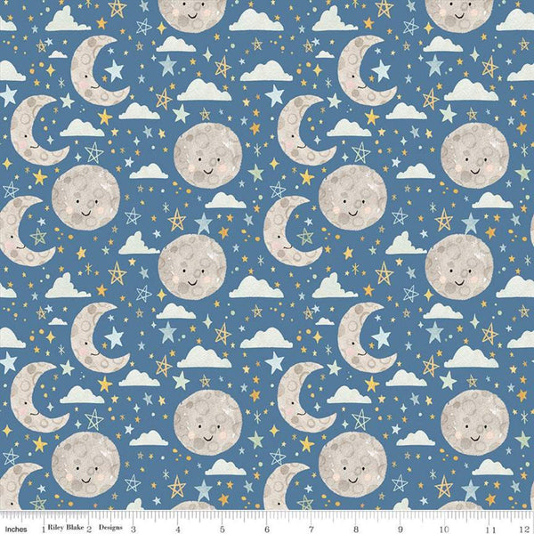 SALE FLANNEL Baby Boy Moon and Stars F11442 Cobalt - Riley Blake Designs - Juvenile Moons Stars Clouds Blue - FLANNEL Cotton Fabric