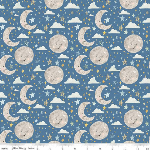 SALE FLANNEL Baby Boy Moon and Stars F11442 Cobalt - Riley Blake Designs - Juvenile Moons Stars Clouds Blue - FLANNEL Cotton Fabric