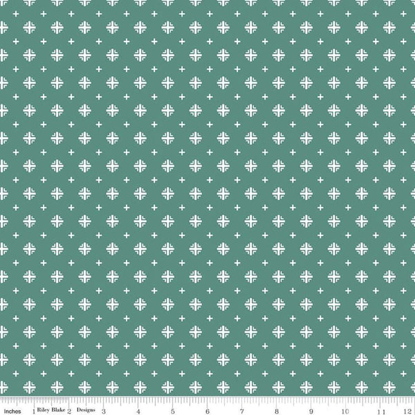 SALE Indigo Garden Plus Print C11276 Teal - Riley Blake Designs - Geometric Cream on Blue Green - Quilting Cotton Fabric