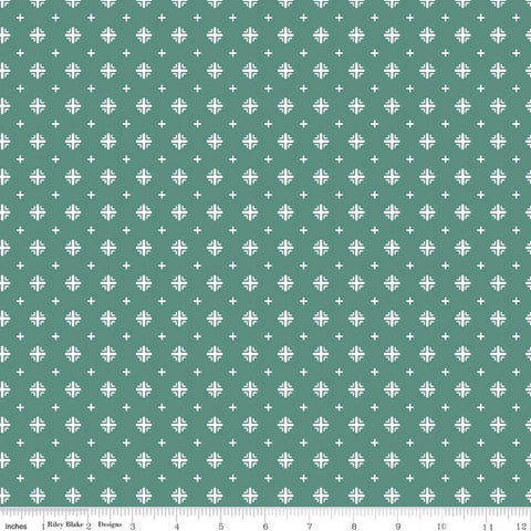 SALE Indigo Garden Plus Print C11276 Teal - Riley Blake Designs - Geometric Cream on Blue Green - Quilting Cotton Fabric