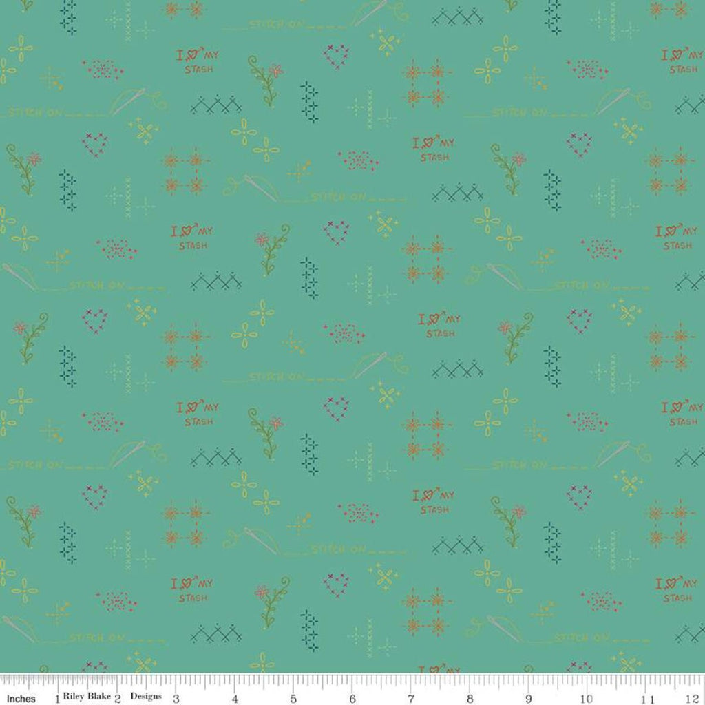 Indigo Garden Sashiko C11277 Turquoise - Riley Blake Designs - Printed Embroidery Stitches Designs Text - Quilting Cotton Fabric