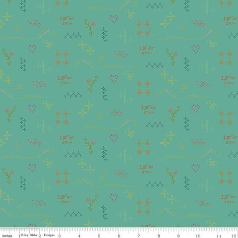 SALE Indigo Garden Sashiko C11277 Turquoise - Riley Blake Designs - Printed Embroidery Stitches Designs Text - Quilting Cotton Fabric